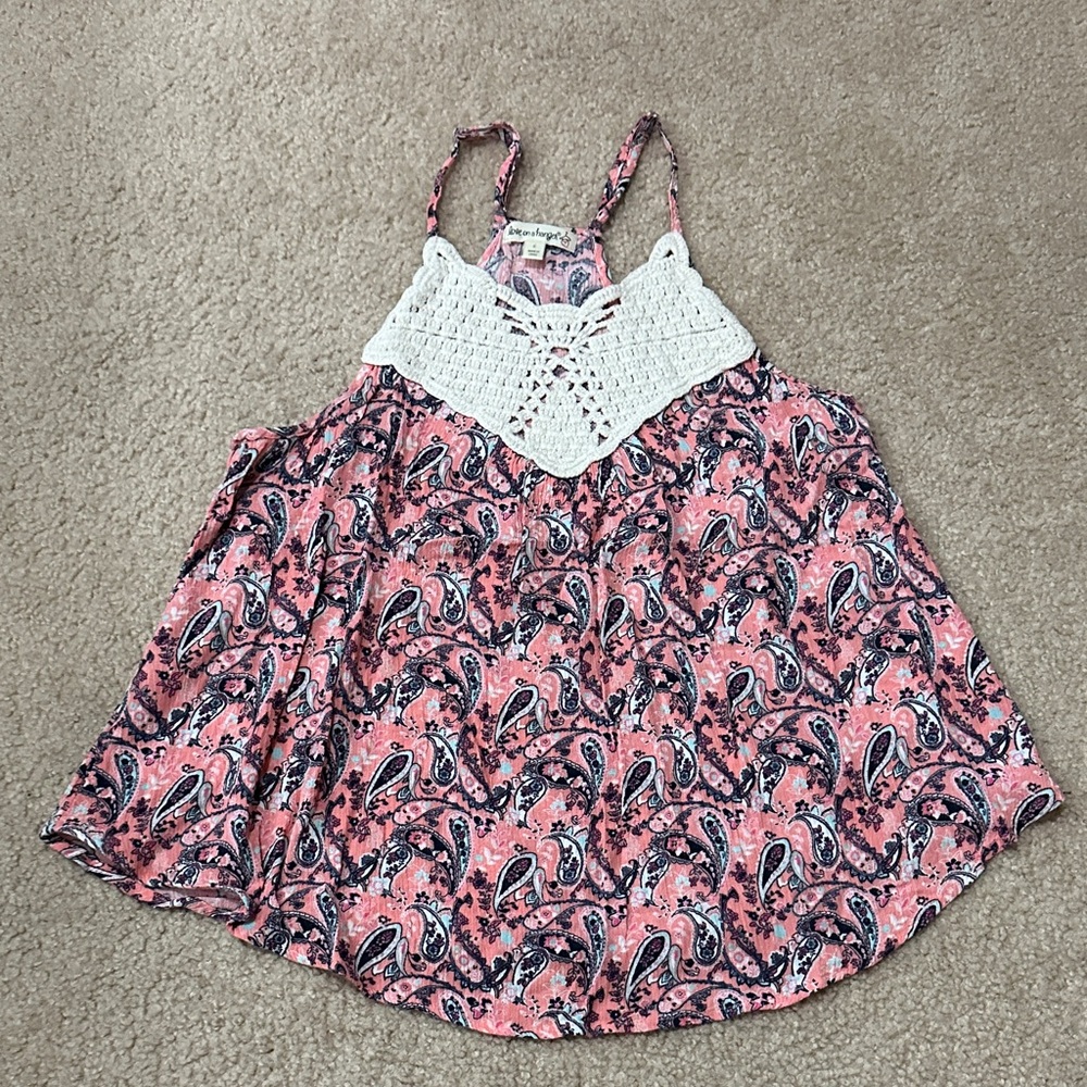 Love On A Hanger Boho Pink Paisley Top with Crochet Accent